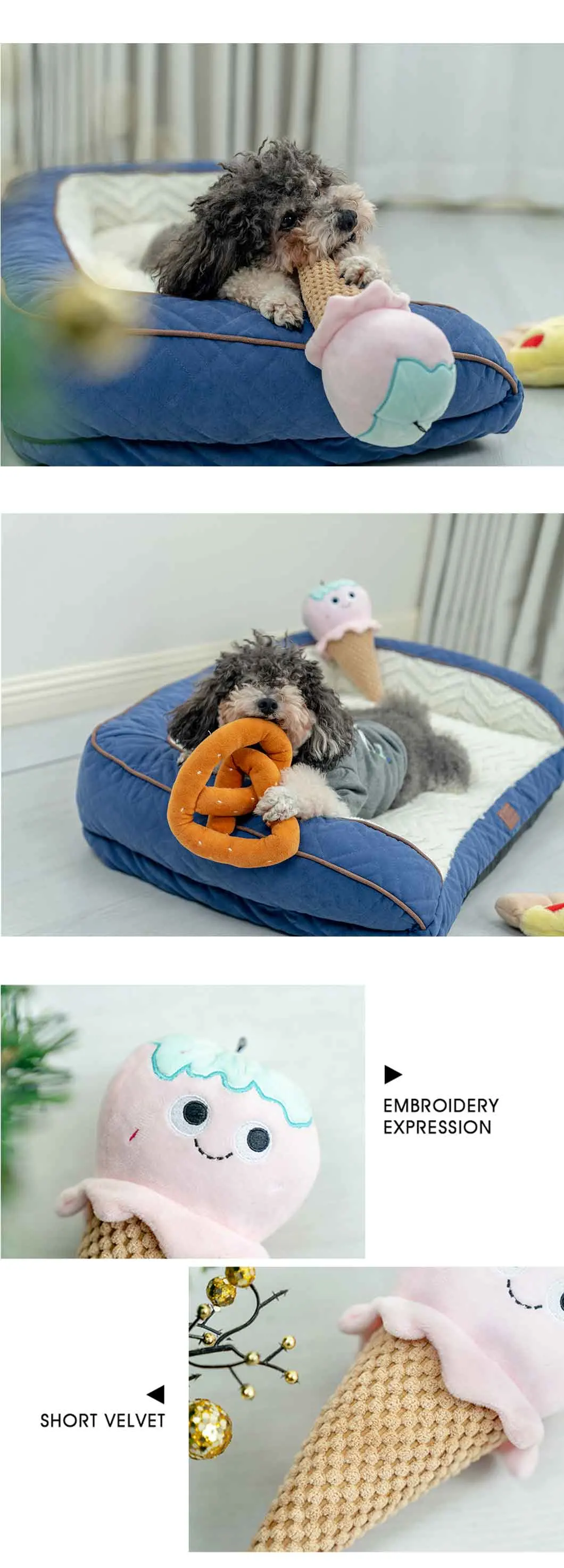 Rena Pet Ice Crean Frites Croissant Sunflower Fun Character Squeaky Throw and Fetch Dog Plush Toys